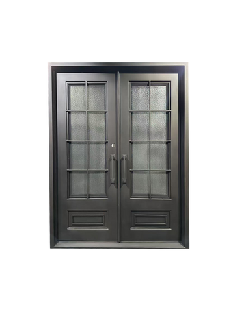 Pre-Hung Iron Front Double Door 7296 LH With Rain Glass WI115