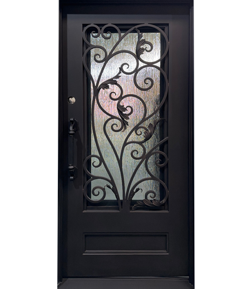 Pre-Hung Iron Front Single Door 3680 RH With Rain Glass WI132