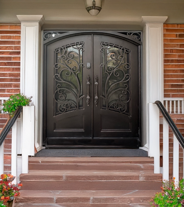 Pre-Hung Iron Front Double Door 7280 LH With Rain Glass WI104