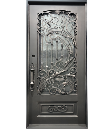 Pre-Hung Iron Front Single Door 3696 RH With Rain Glass WI137