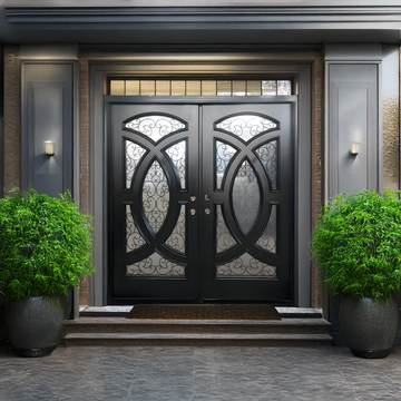 72X80 ELEGANT EXTERIOR COMPOSITE DOOR AR06W LH   ESPRESSO, TRIPLE IRON GLASS.