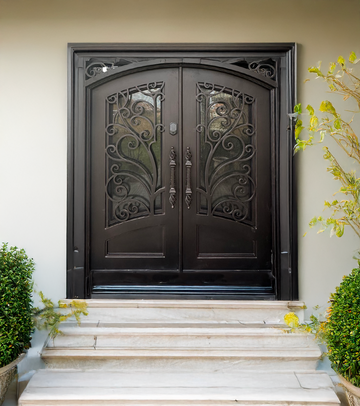 Pre-Hung Iron Front Double Door 7296 RH With Rain Glass WI104