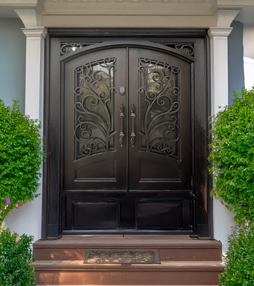 Pre-Hung Iron Front Double Door 7296 LH With Rain Glass WI104