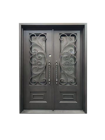 Pre-Hung Iron Front Double Door 6080 RH With Rain Glass WI120