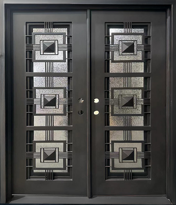 Pre-Hung Iron Front Double Door 7280 LH With Rain Glass WI135