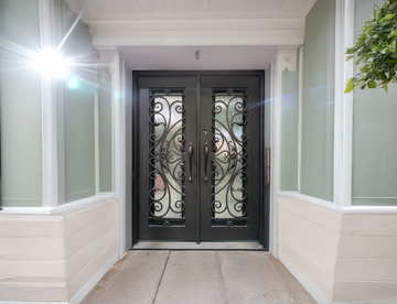 Pre-Hung Iron Front Double Door 6080 RH With Rain Glass WI105