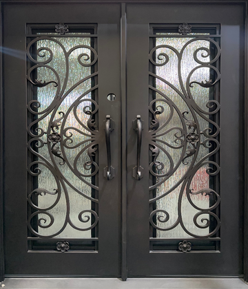 Pre-Hung Iron Front Double Door 6080 LH With Rain Glass WI105