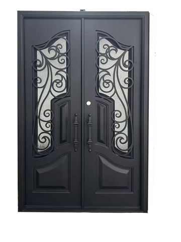 Pre-Hung Iron Front Double Door 7296 RH With Rain Glass WI119
