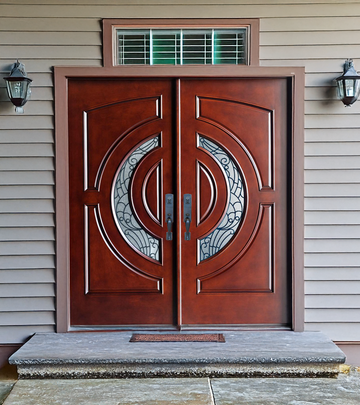 72X80 ELEGANT EXTERIOR COMPOSITE DOOR AR10W RH  DARK WALNUT, TRIPLE IRON GLASS.